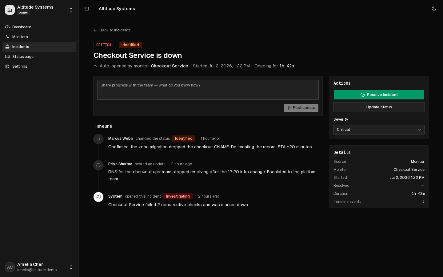 Vigil incident detail — status timeline, severity controls and metadata