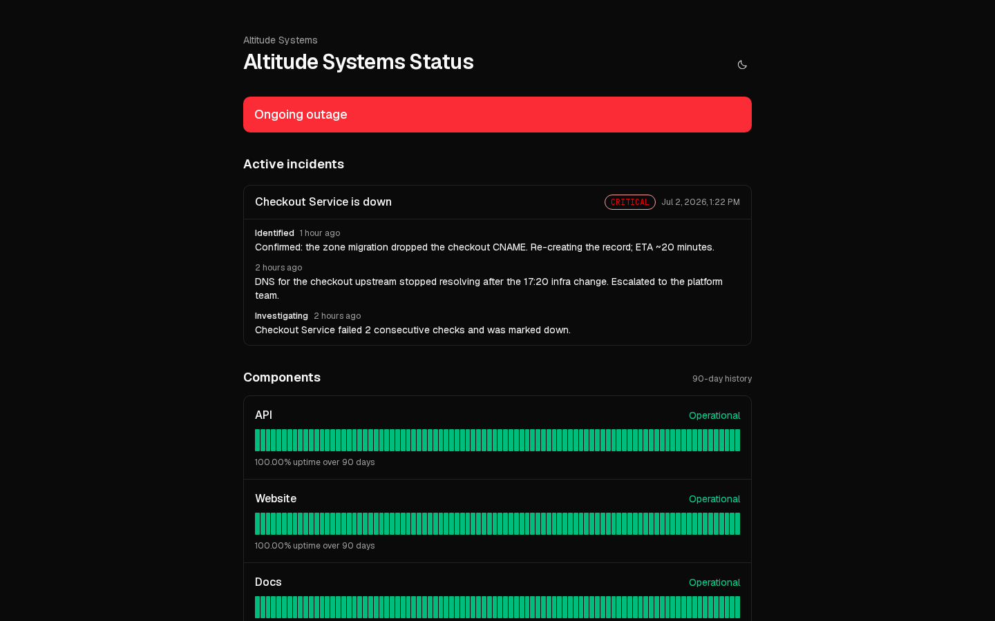 Vigil public status page — outage banner, active incidents and 90-day uptime